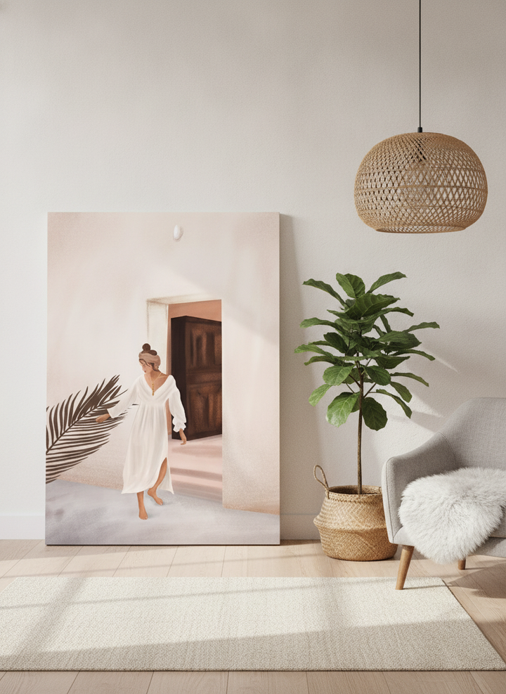Stretched canvas wall art leaning against the wall in a bright Scandinavian living room