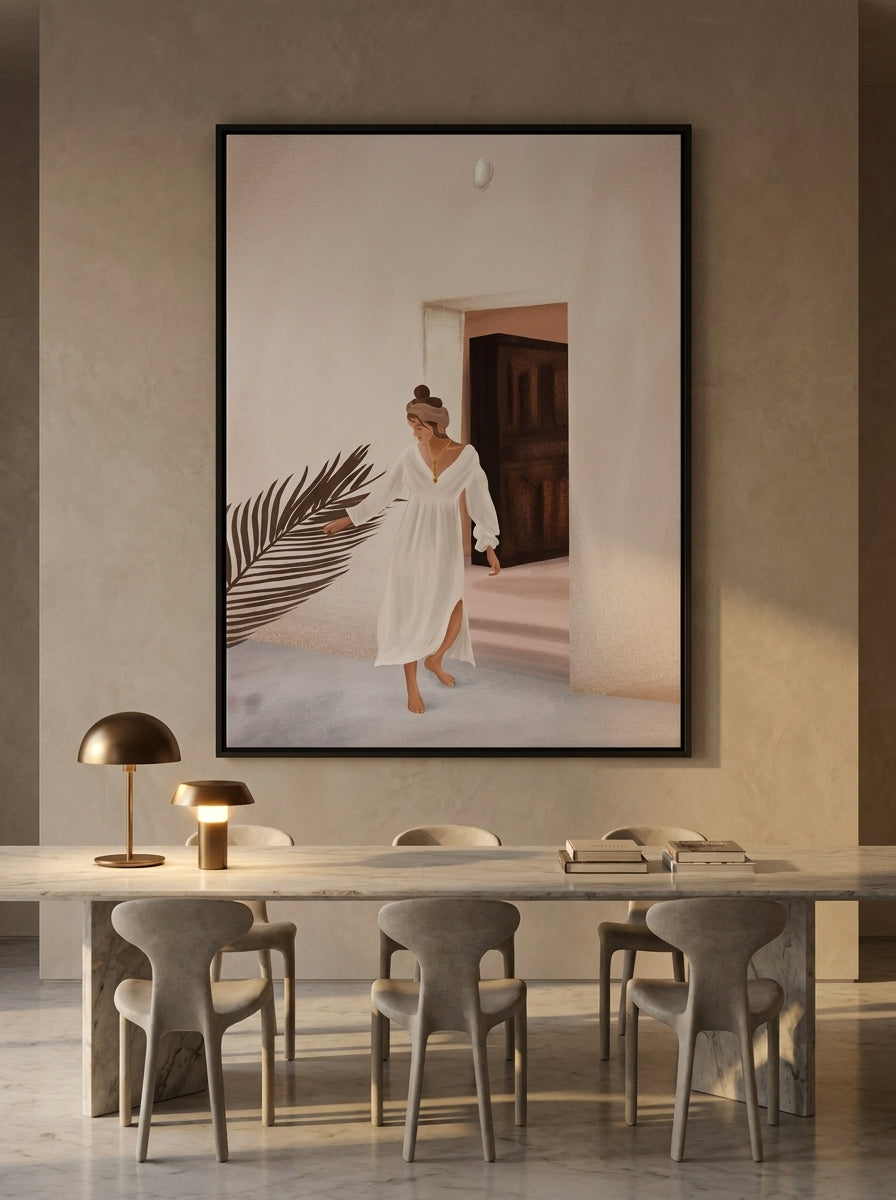 Oversized statement canvas wall art with a black surround styled on the wall in a luxe dining room