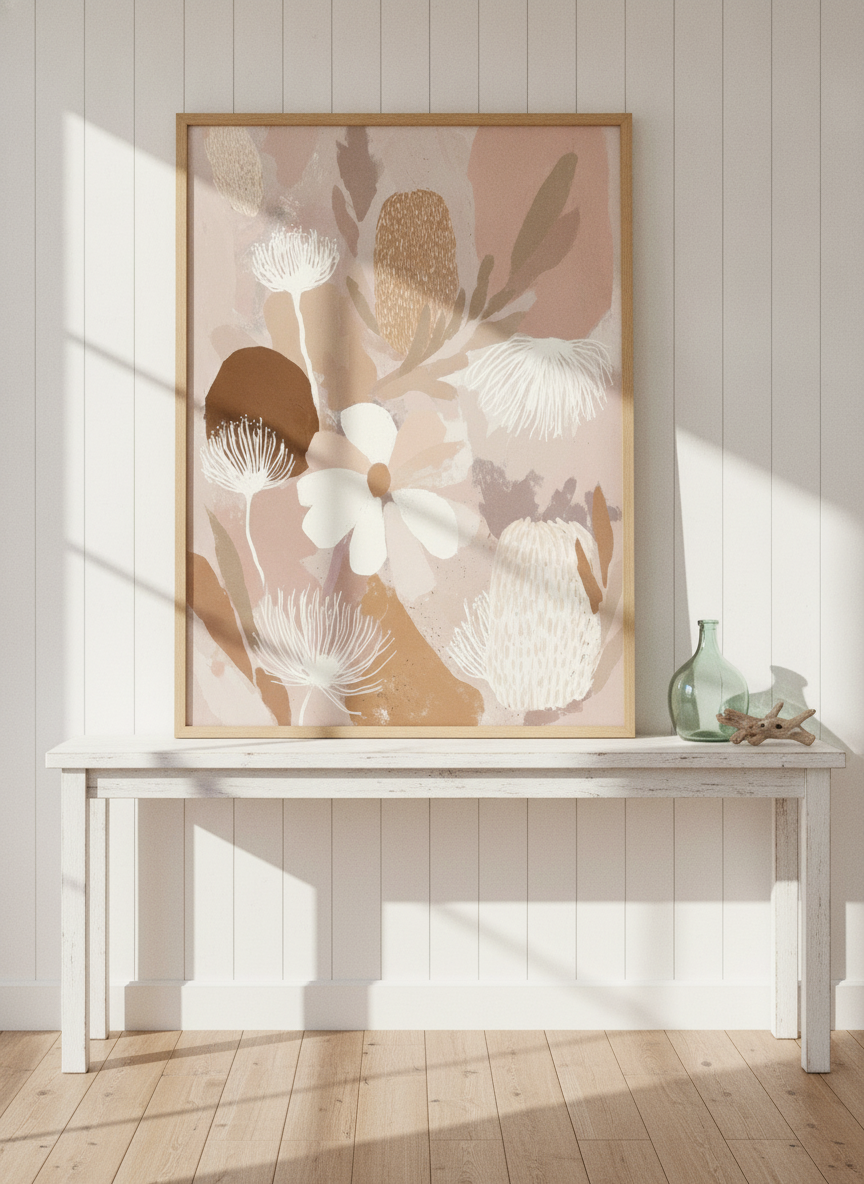 Modern wall art print standing on a console in a coastal bathroom
