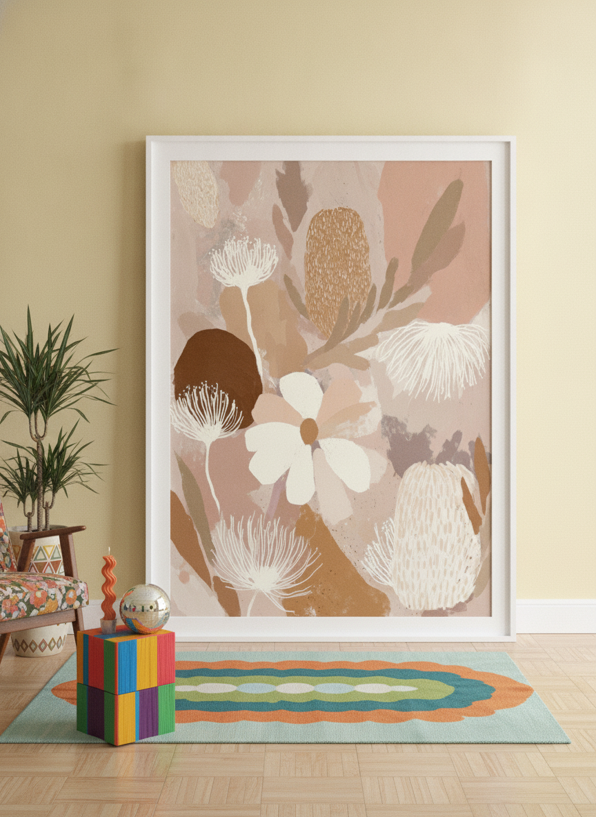 Oversized statement modern wall art print leaning against the wall in a colourful eclectic living room