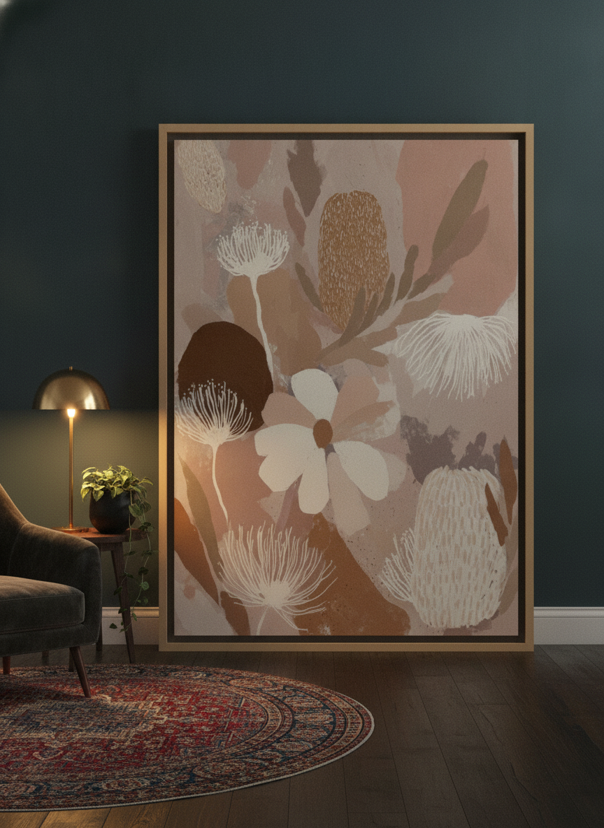 Oversized statement canvas wall art with a natural timber surround leaning against the wall in a moody dining room