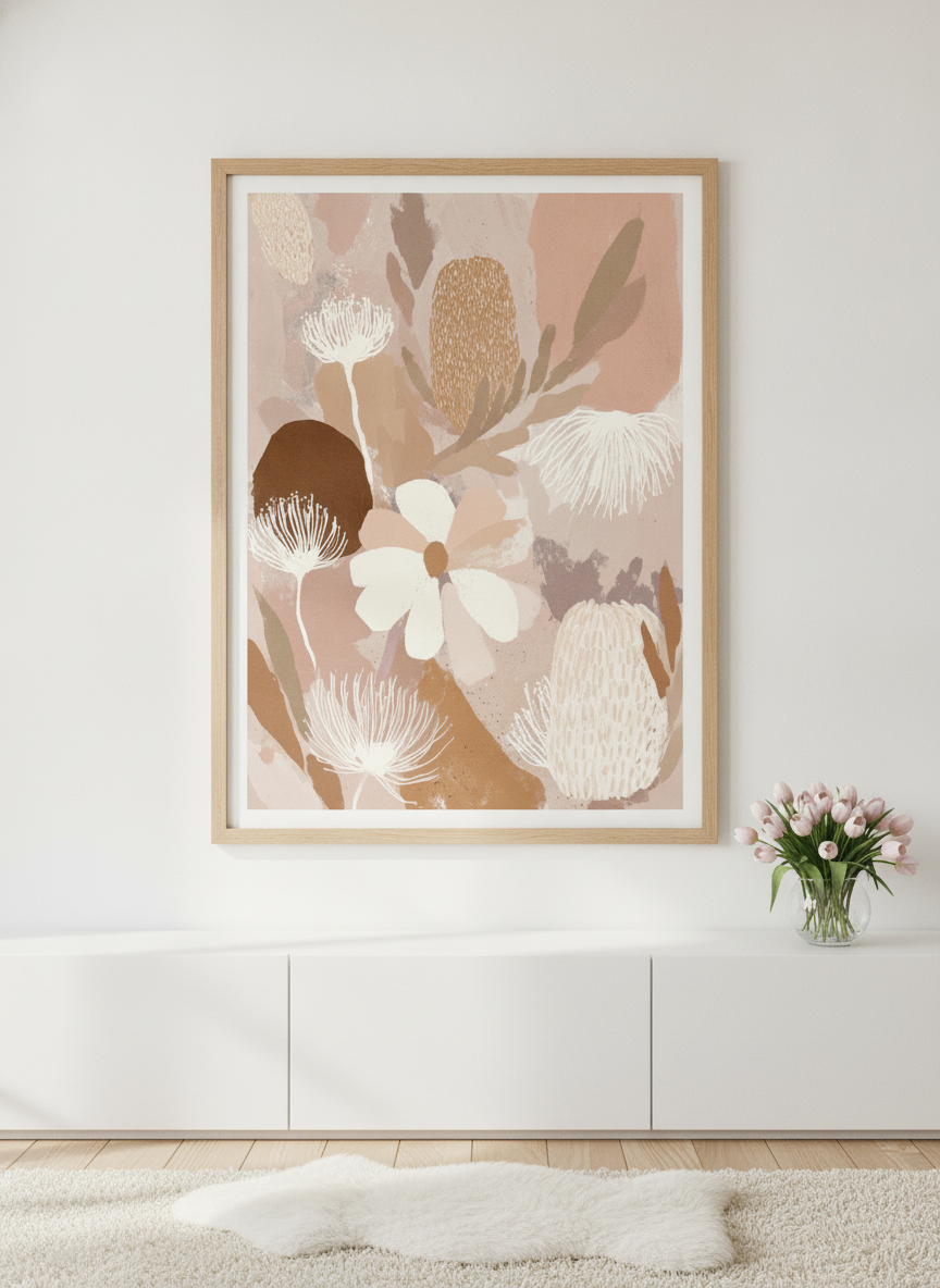 Modern wall art print styled on the wall in a bright Scandinavian living room