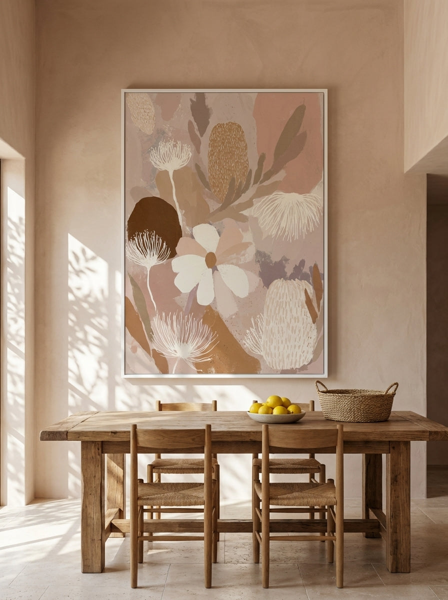 Oversized statement modern wall art print styled on the wall in a Mediterranean dining room