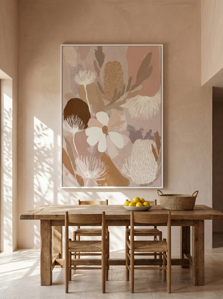 Oversized statement modern wall art print styled on the wall in a Mediterranean dining room