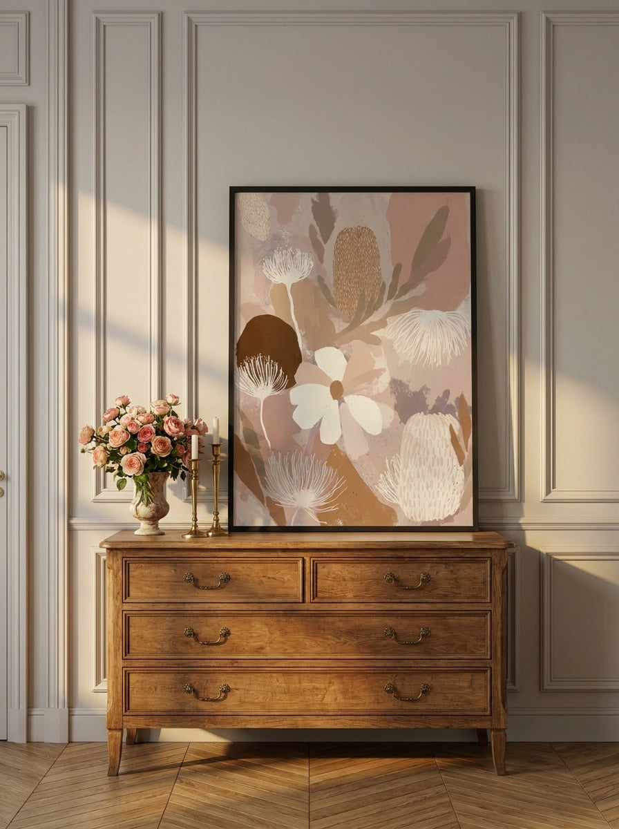 Modern wall art print standing on a sideboard in a Parisian home office