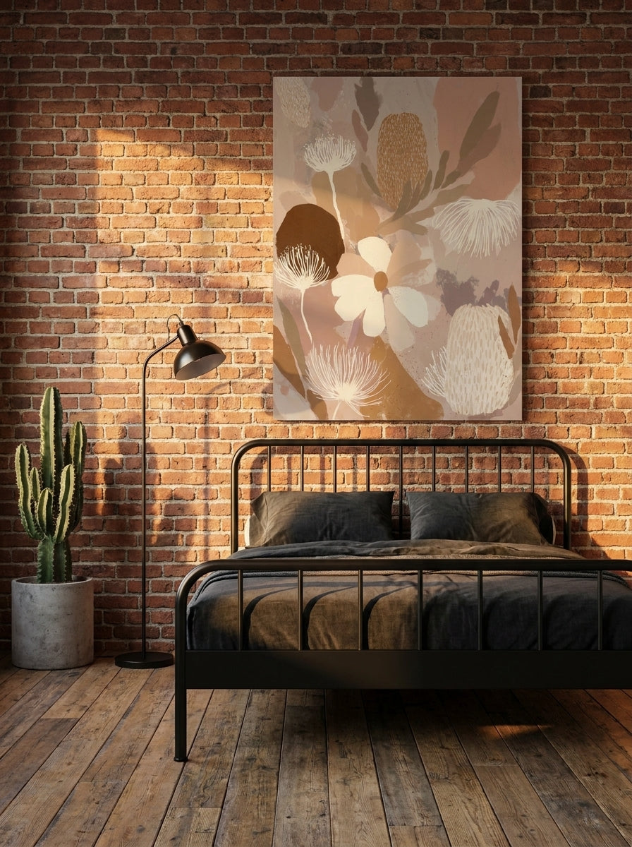 Stretched canvas wall art styled on the wall in an industrial loft bedroom