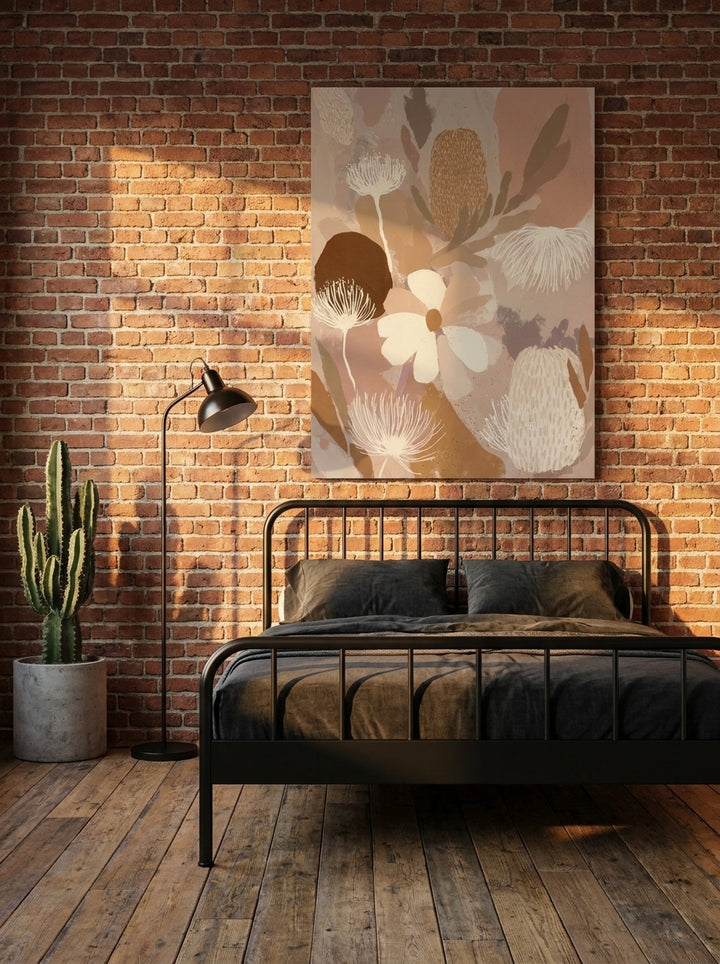 Stretched canvas wall art styled on the wall in an industrial loft bedroom