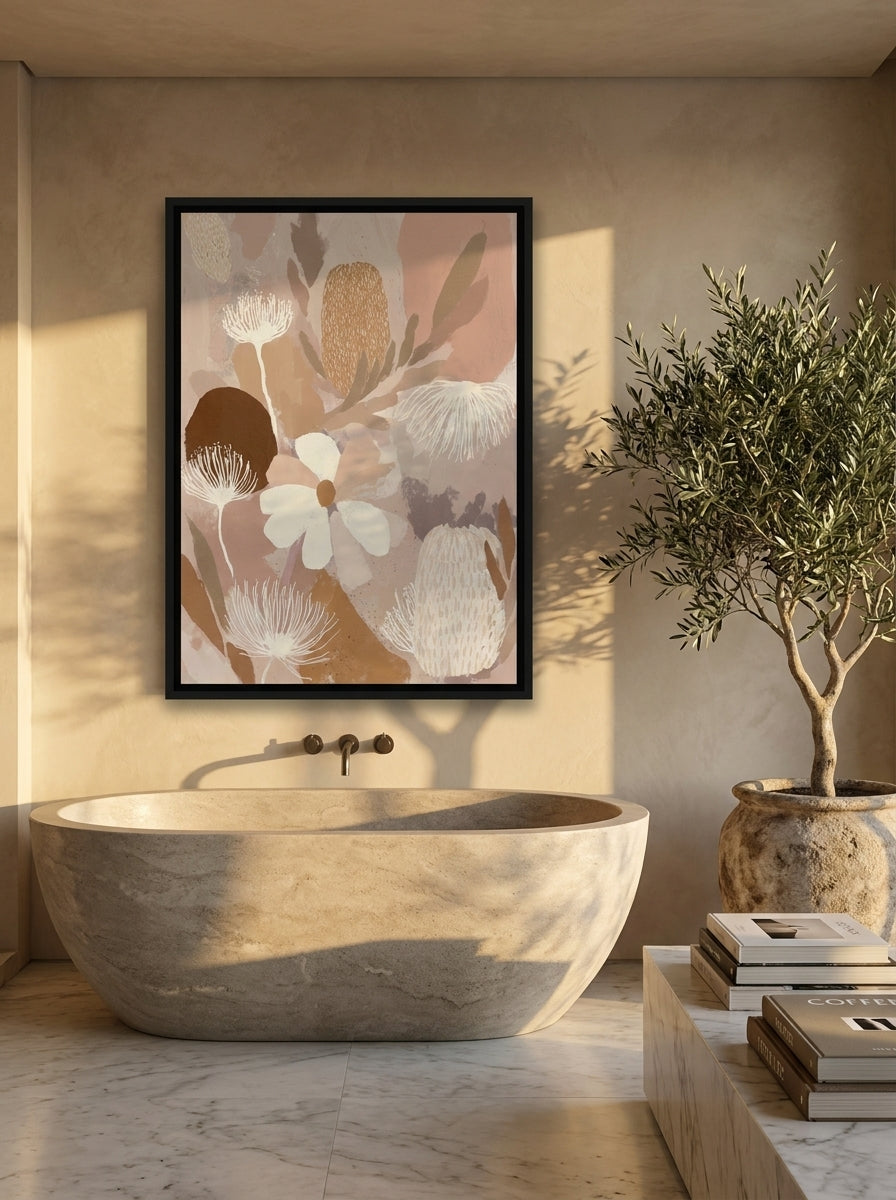 Canvas wall art with a black surround styled on the wall in a luxe bathroom