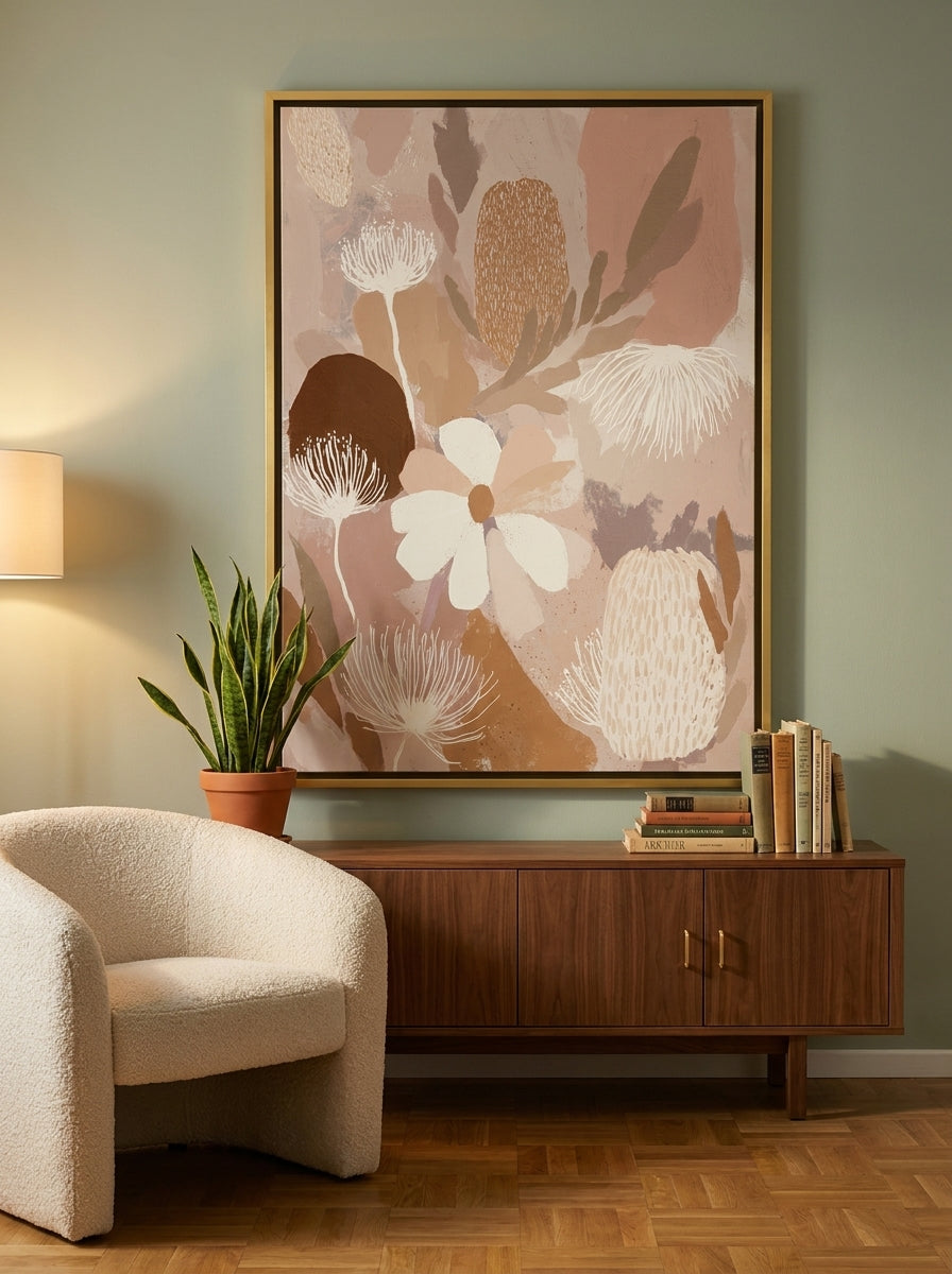 Oversized statement canvas wall art with a gold leaf surround styled on the wall in a mid-century living room