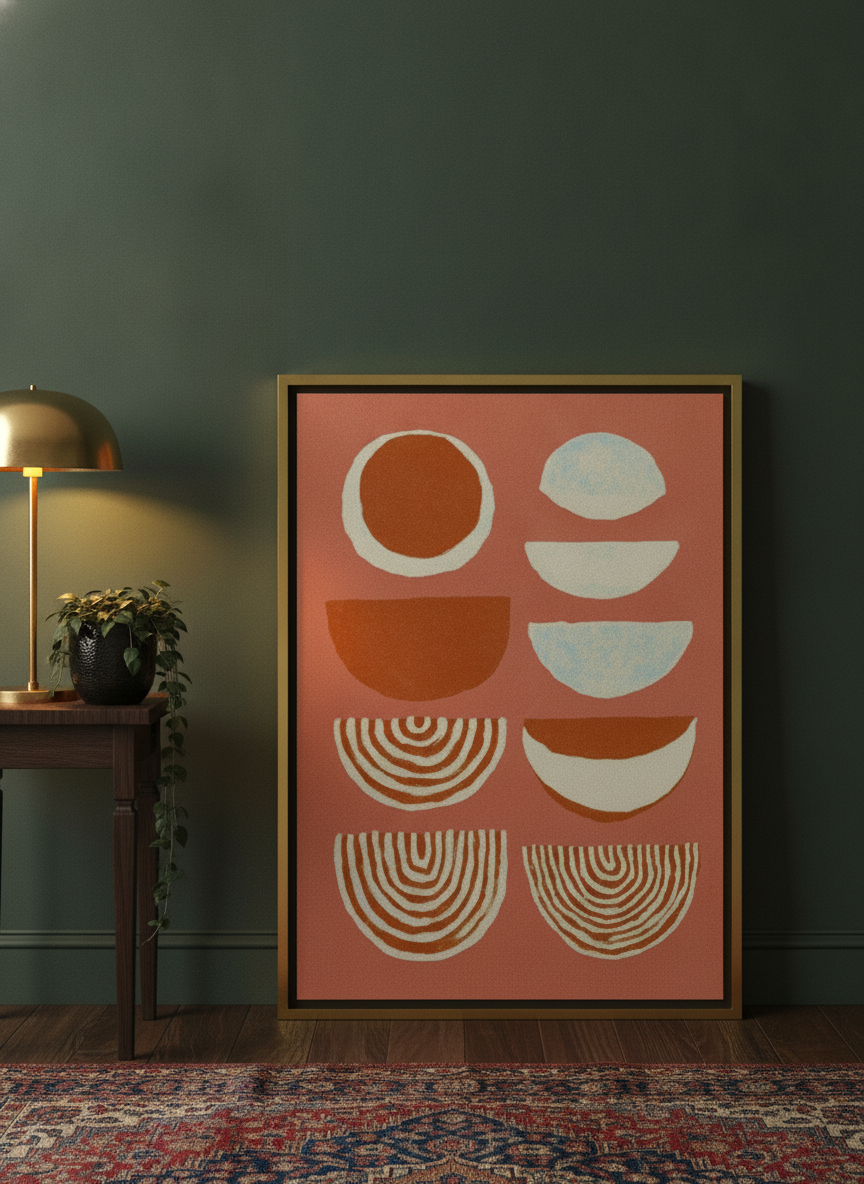Canvas wall art with a gold leaf surround leaning against the wall in a moody living room