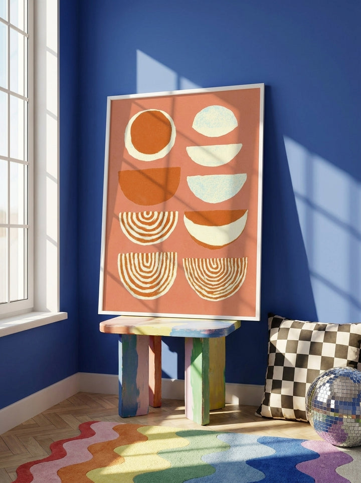 Modern wall art print standing on a side table in a colourful eclectic living room