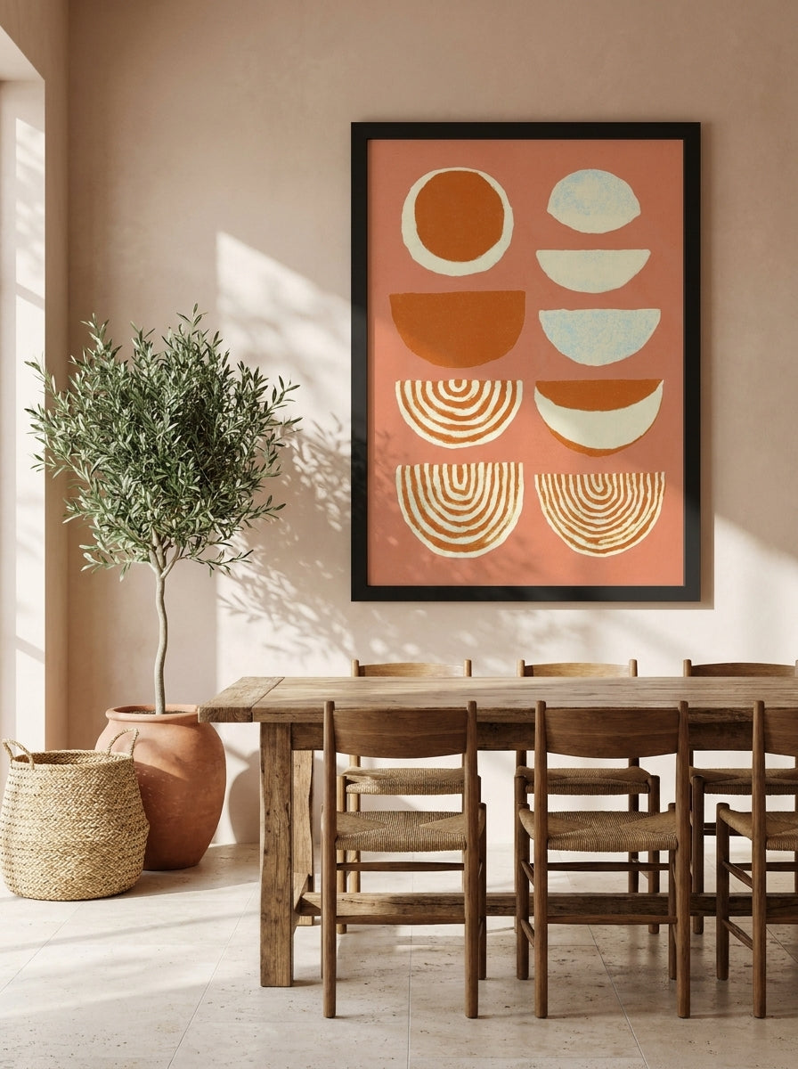 Oversized statement modern wall art print styled on the wall in a Mediterranean dining room