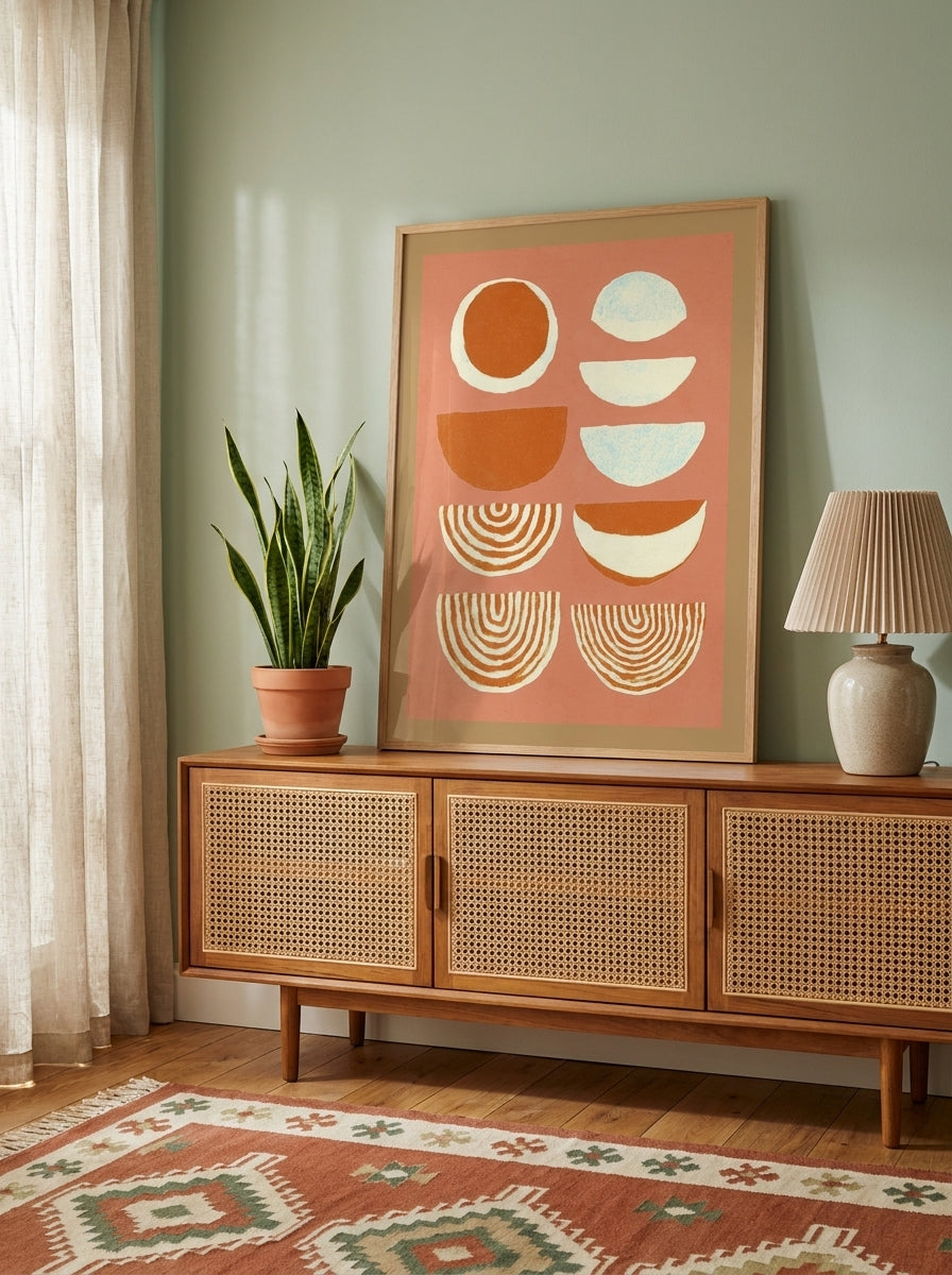 Modern wall art print standing on a sideboard in a mid-century home office
