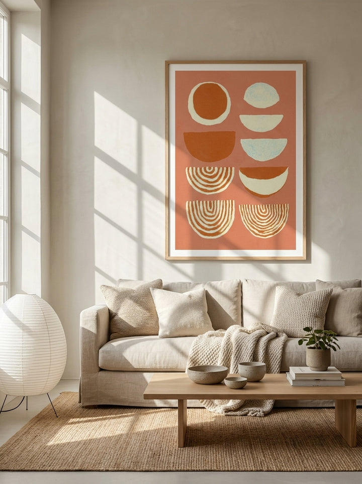 Modern wall art print styled on the wall in a warm Japandi living room