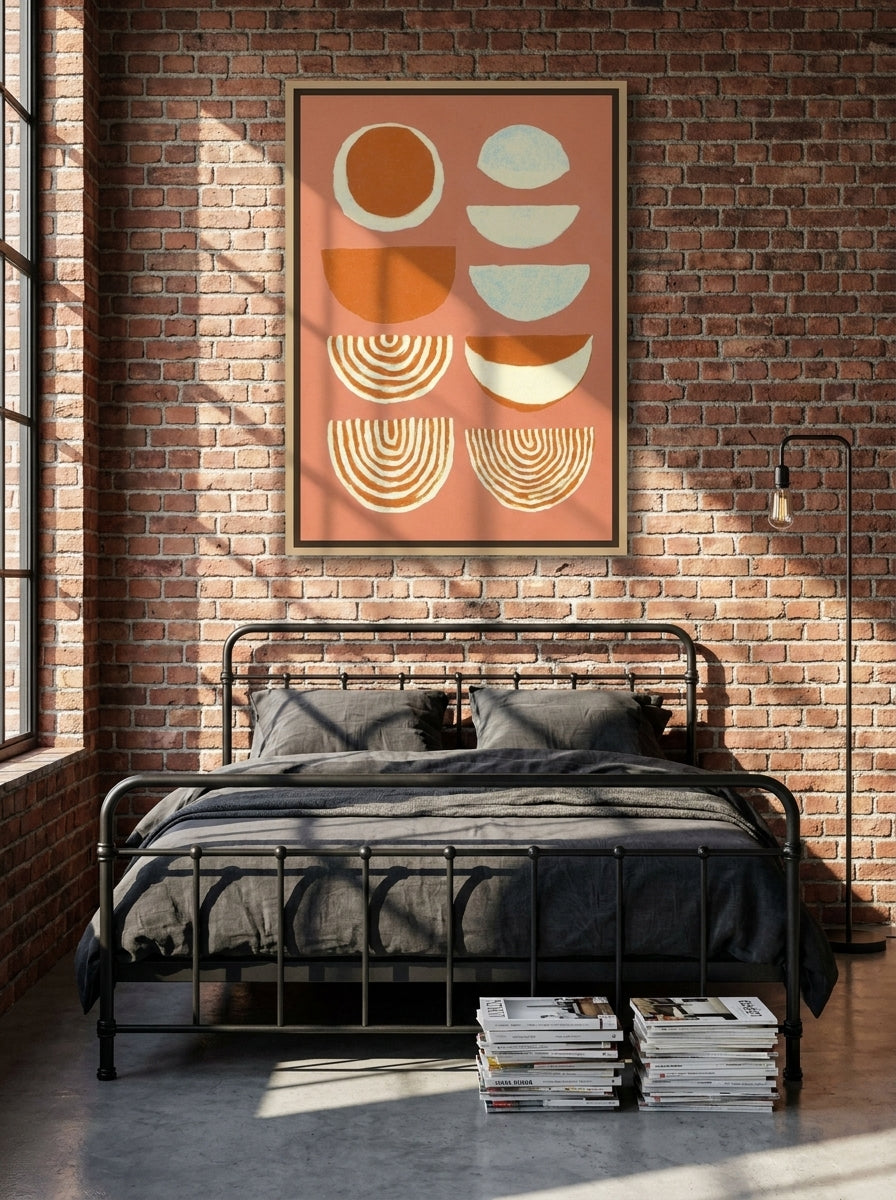 Canvas wall art with a natural timber surround styled on the wall in an industrial loft bedroom