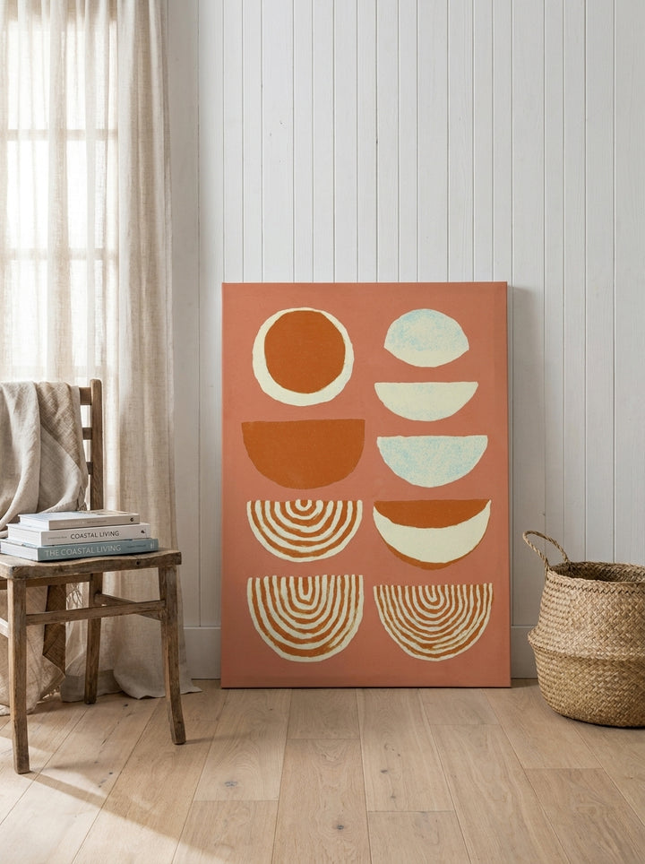 Stretched canvas wall art leaning against the wall in a coastal dining room
