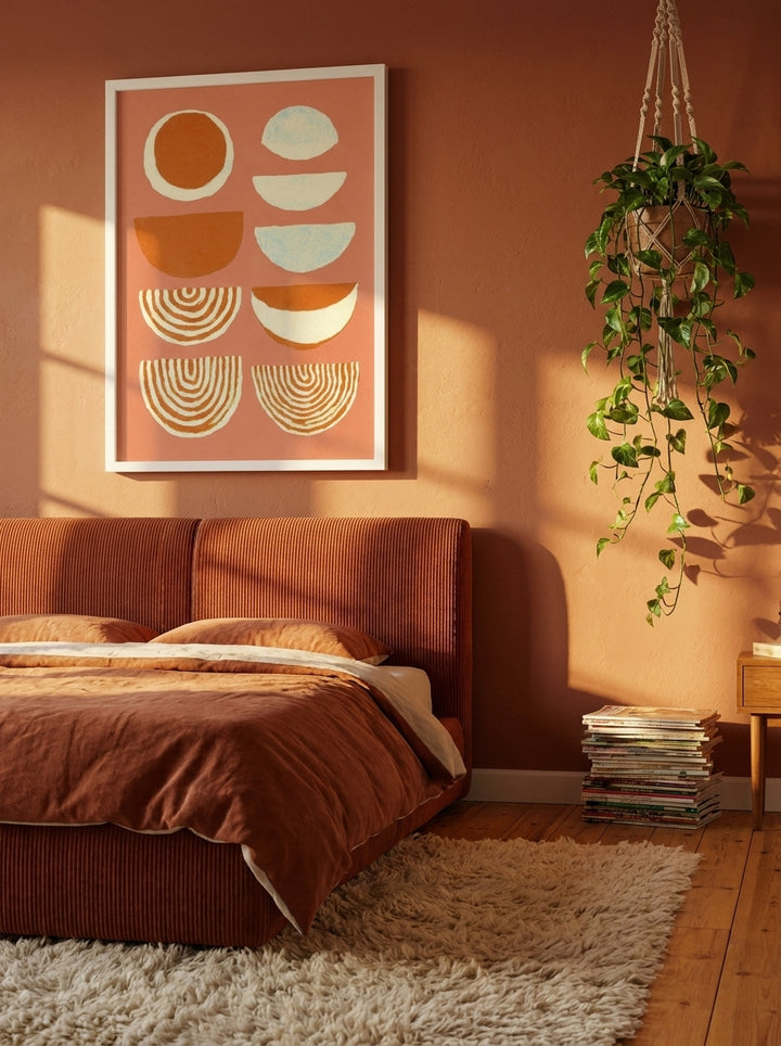 Modern wall art print styled on the wall in a retro 70s bedroom