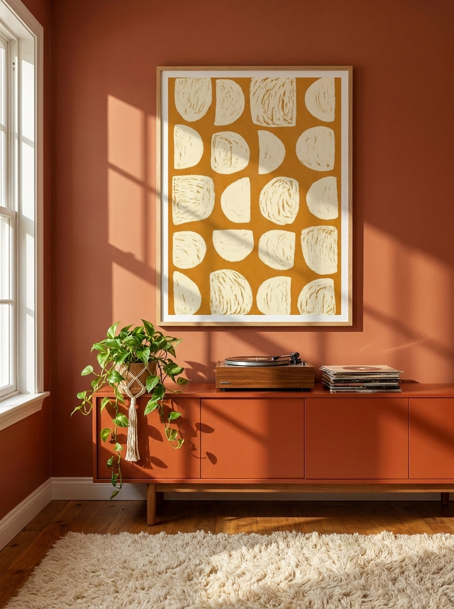 Modern wall art print styled on the wall in a retro 70s living room