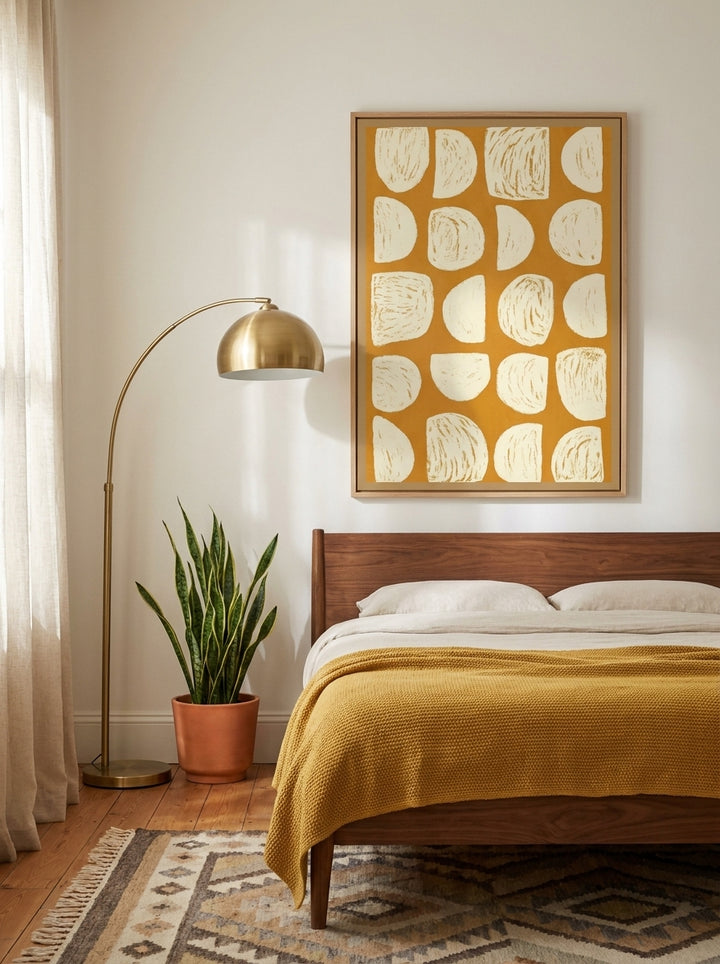 Modern wall art print styled on the wall in a mid-century bedroom