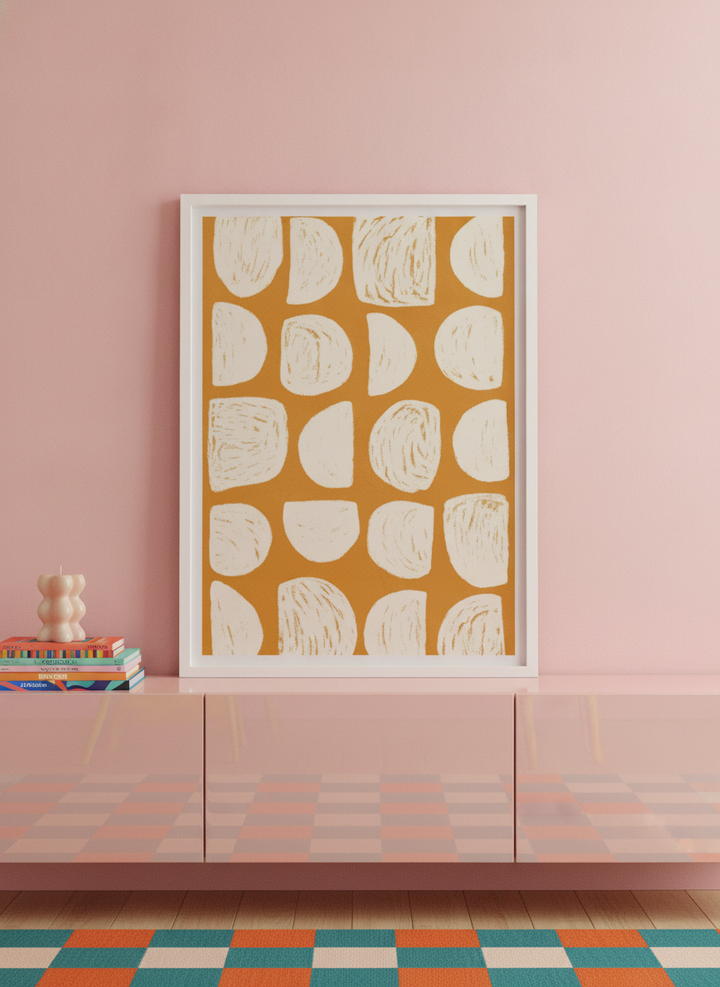 Modern wall art print standing on a sideboard in a colourful eclectic home office