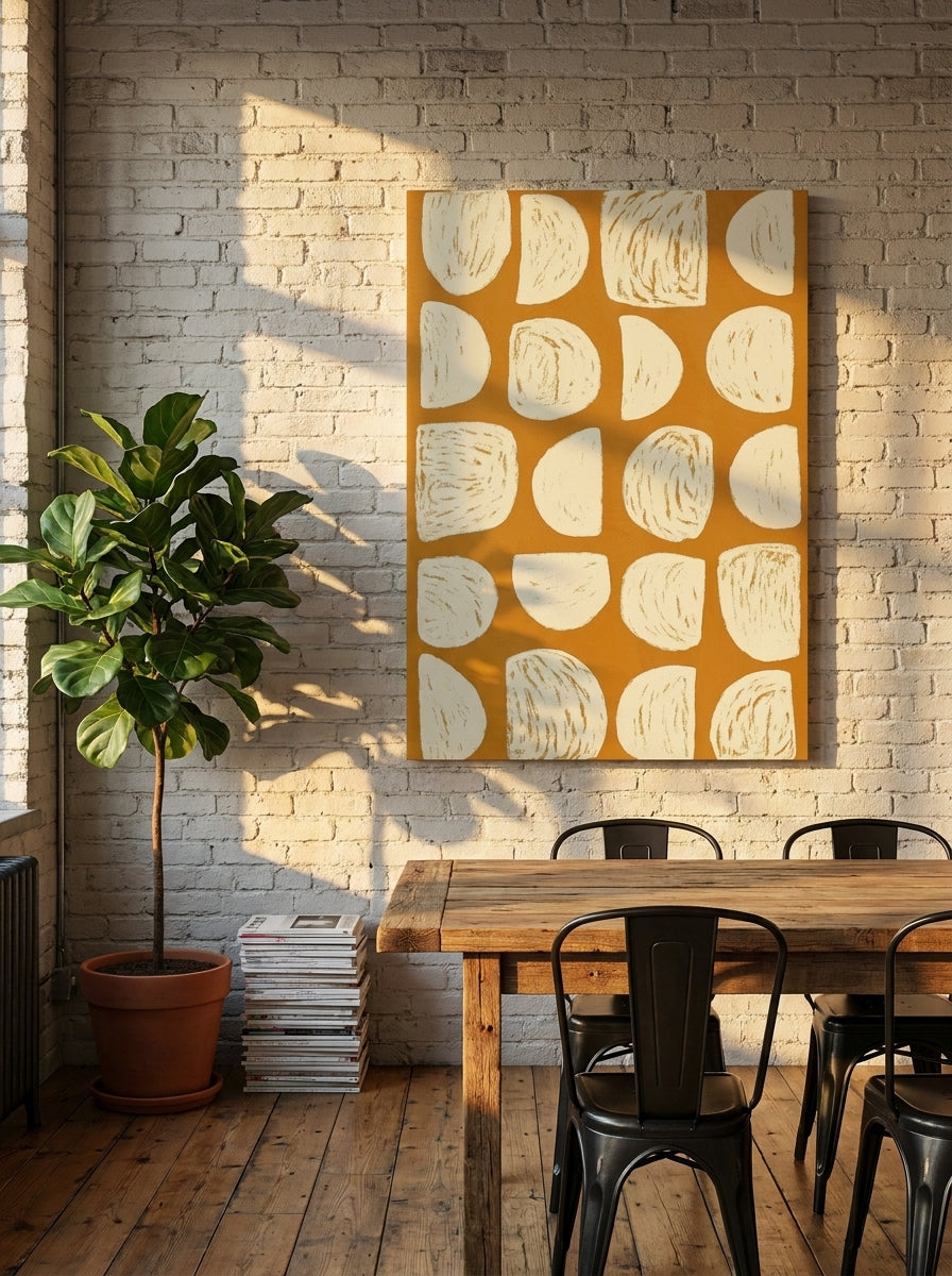 Stretched canvas wall art styled on the wall in an industrial loft dining room