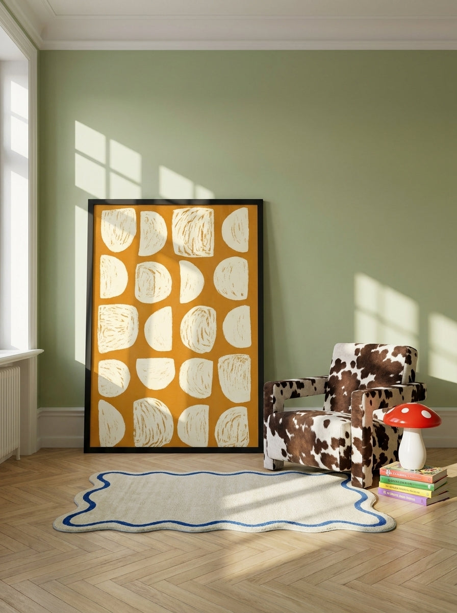 Oversized statement modern wall art print leaning against the wall in a colourful eclectic living room