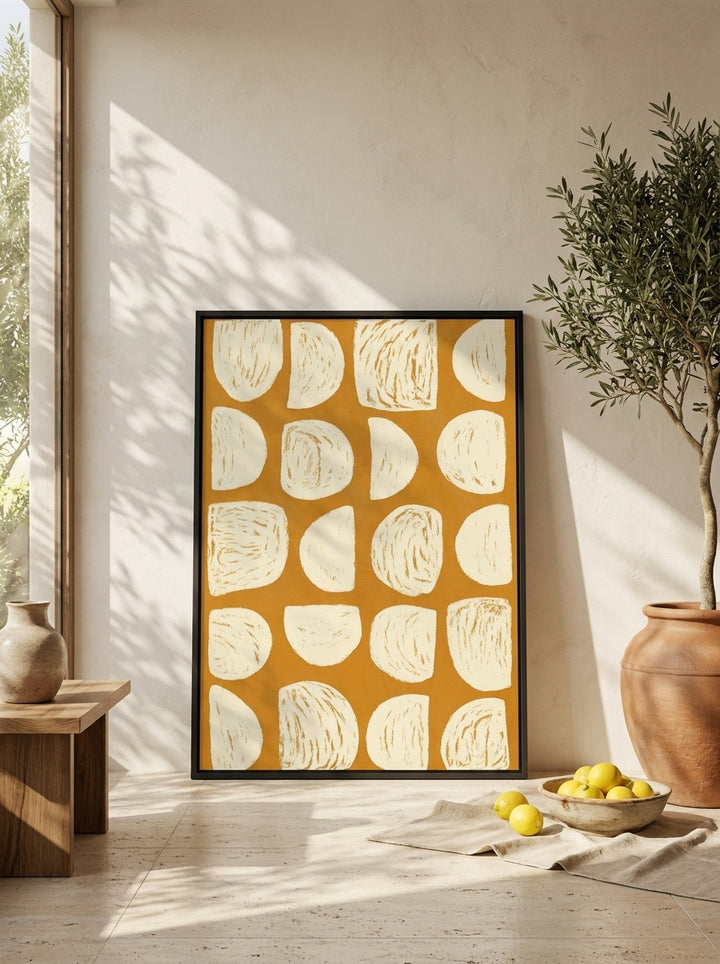 Oversized statement modern wall art print leaning against the wall in a Mediterranean dining room
