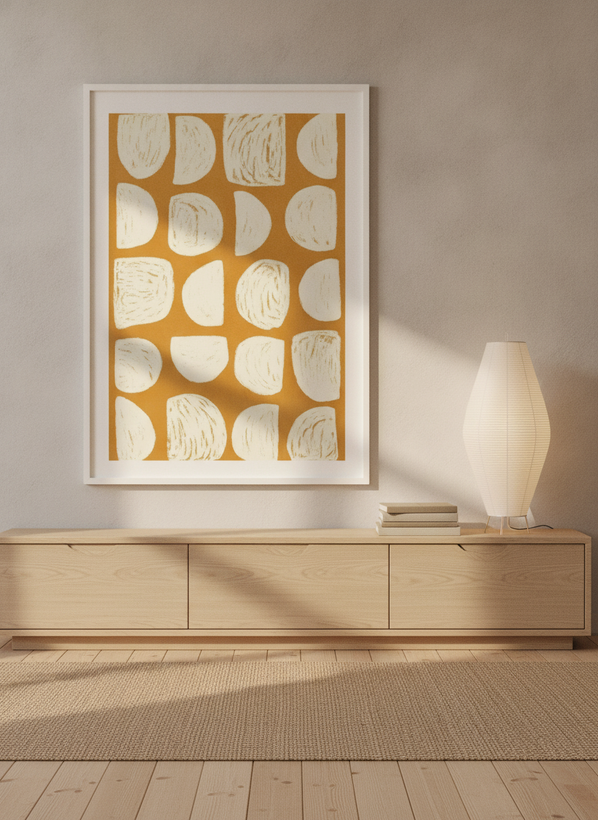 Modern wall art print styled on the wall in a warm Japandi living room