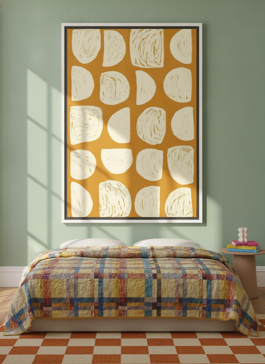 Oversized statement canvas wall art with a white surround styled on the wall in a colourful eclectic bedroom