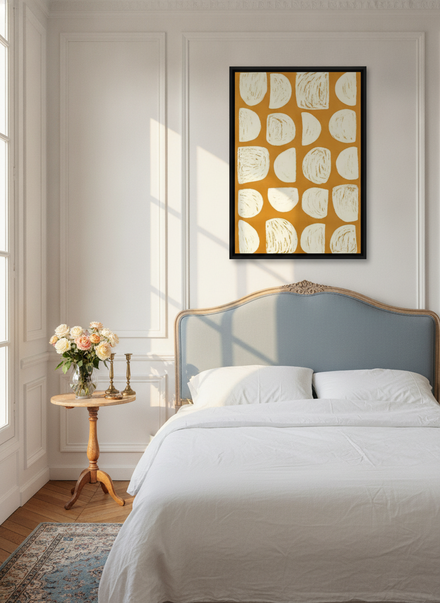 Canvas wall art with a black surround styled on the wall in a Parisian bedroom
