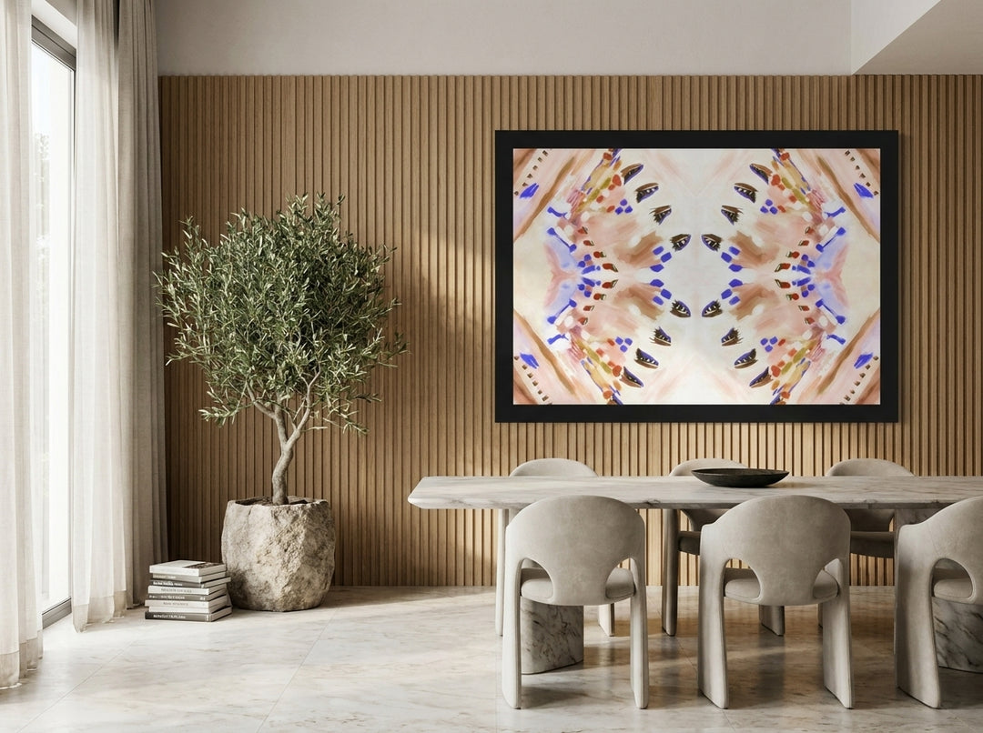 Oversized statement modern wall art print styled on the wall in a luxe dining room
