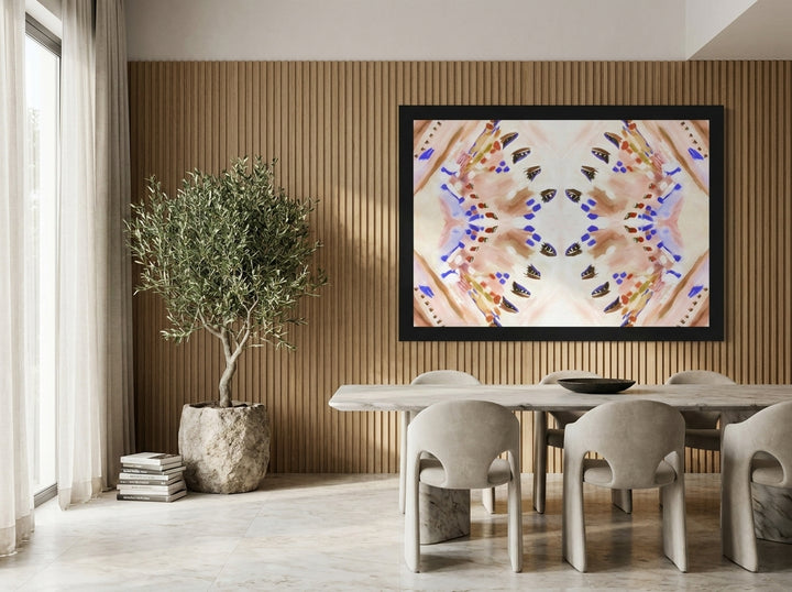 Oversized statement modern wall art print styled on the wall in a luxe dining room