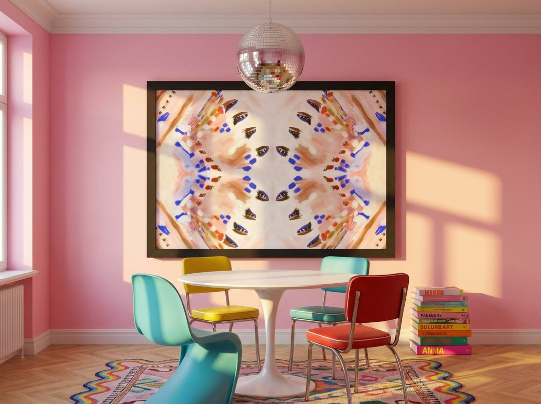 Oversized statement modern wall art print styled on the wall in a colourful eclectic dining room