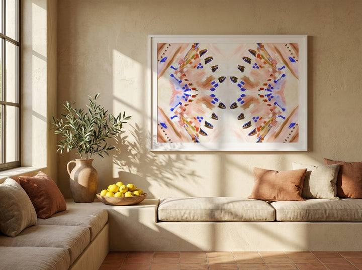 Modern wall art print styled on the wall in a Mediterranean living room