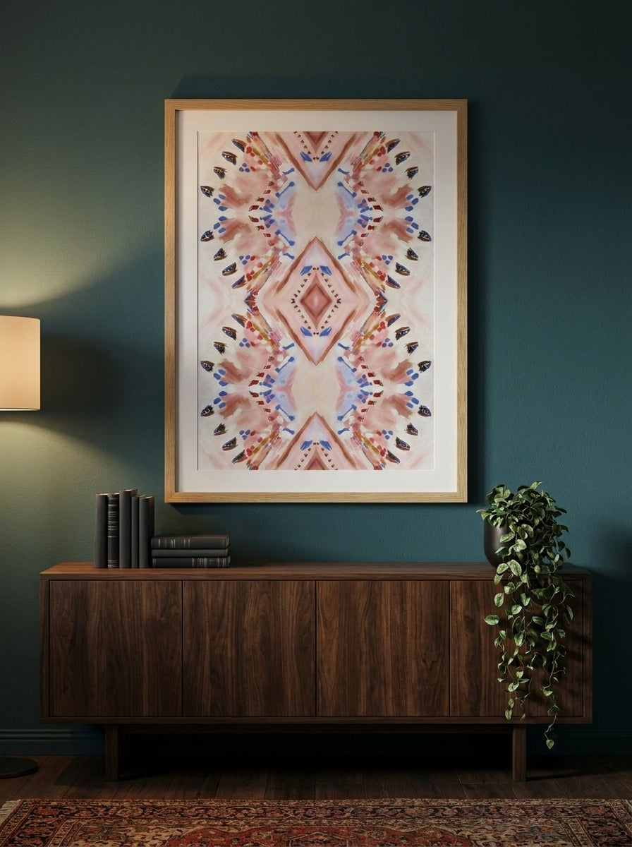 Modern wall art print styled on the wall in a moody living room
