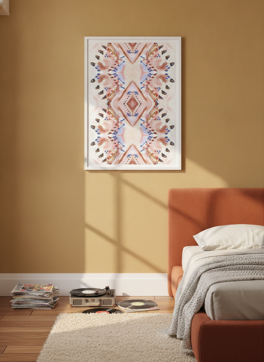 Modern wall art print styled on the wall in a retro 70s bedroom