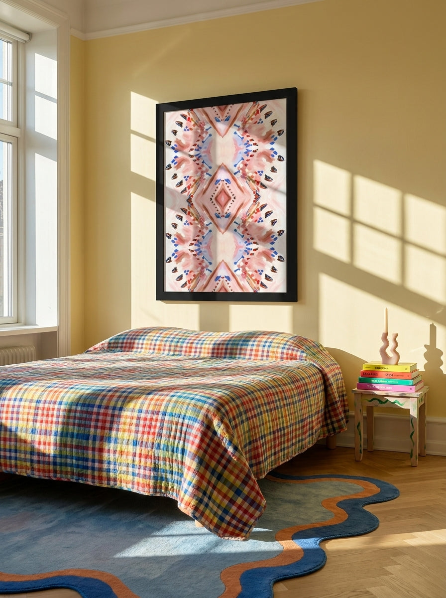 Modern wall art print styled on the wall in a colourful eclectic bedroom