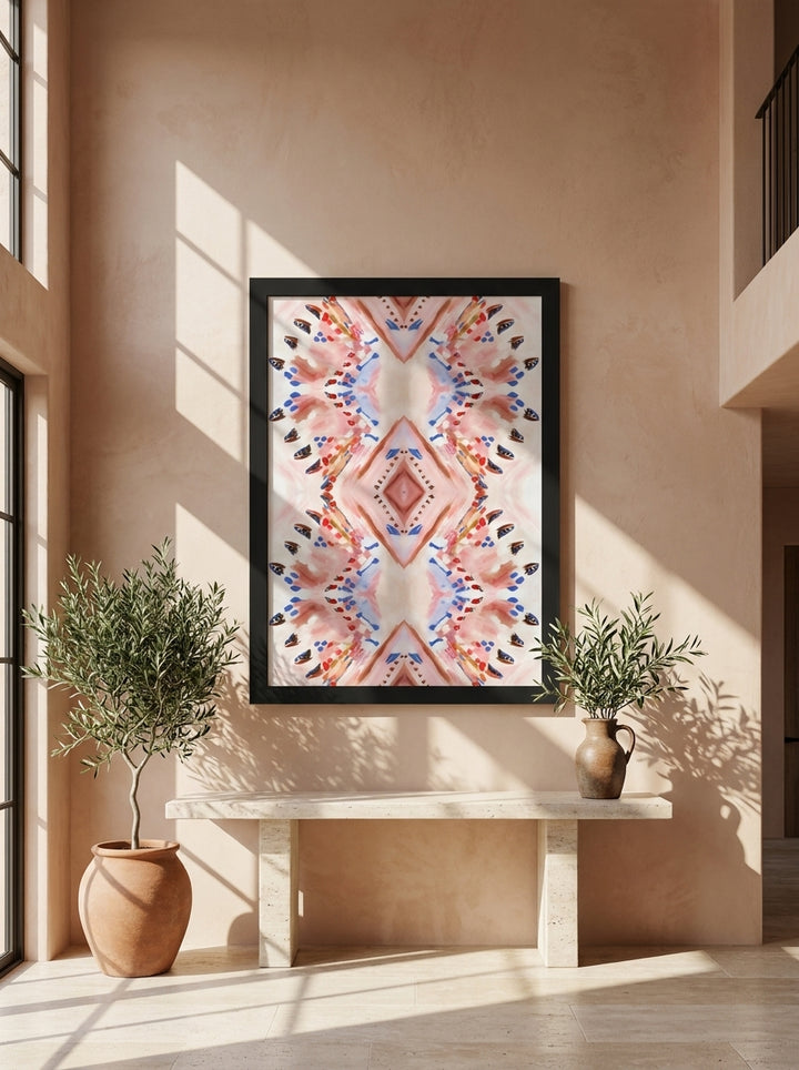 Oversized statement modern wall art print styled on the wall in a Mediterranean living room