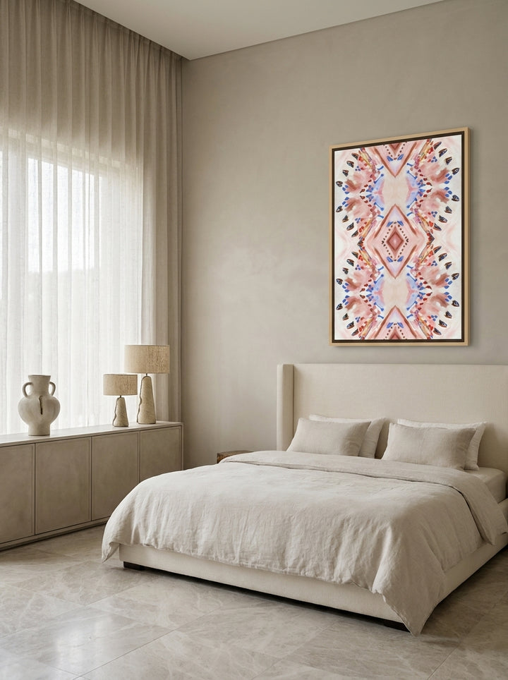 Oversized statement canvas wall art with a natural timber surround styled on the wall in a luxe bedroom