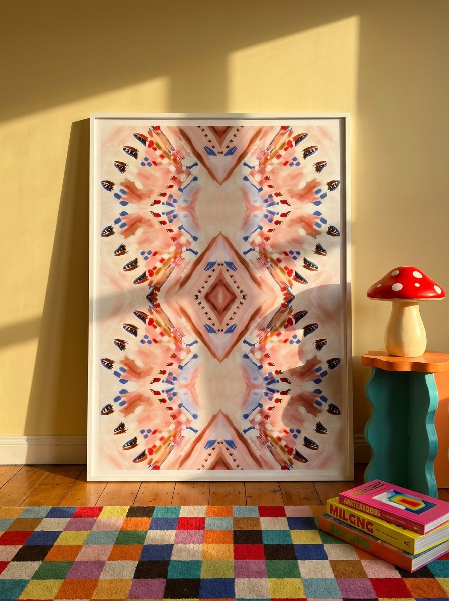 Oversized statement modern wall art print leaning against the wall in a colourful eclectic living room