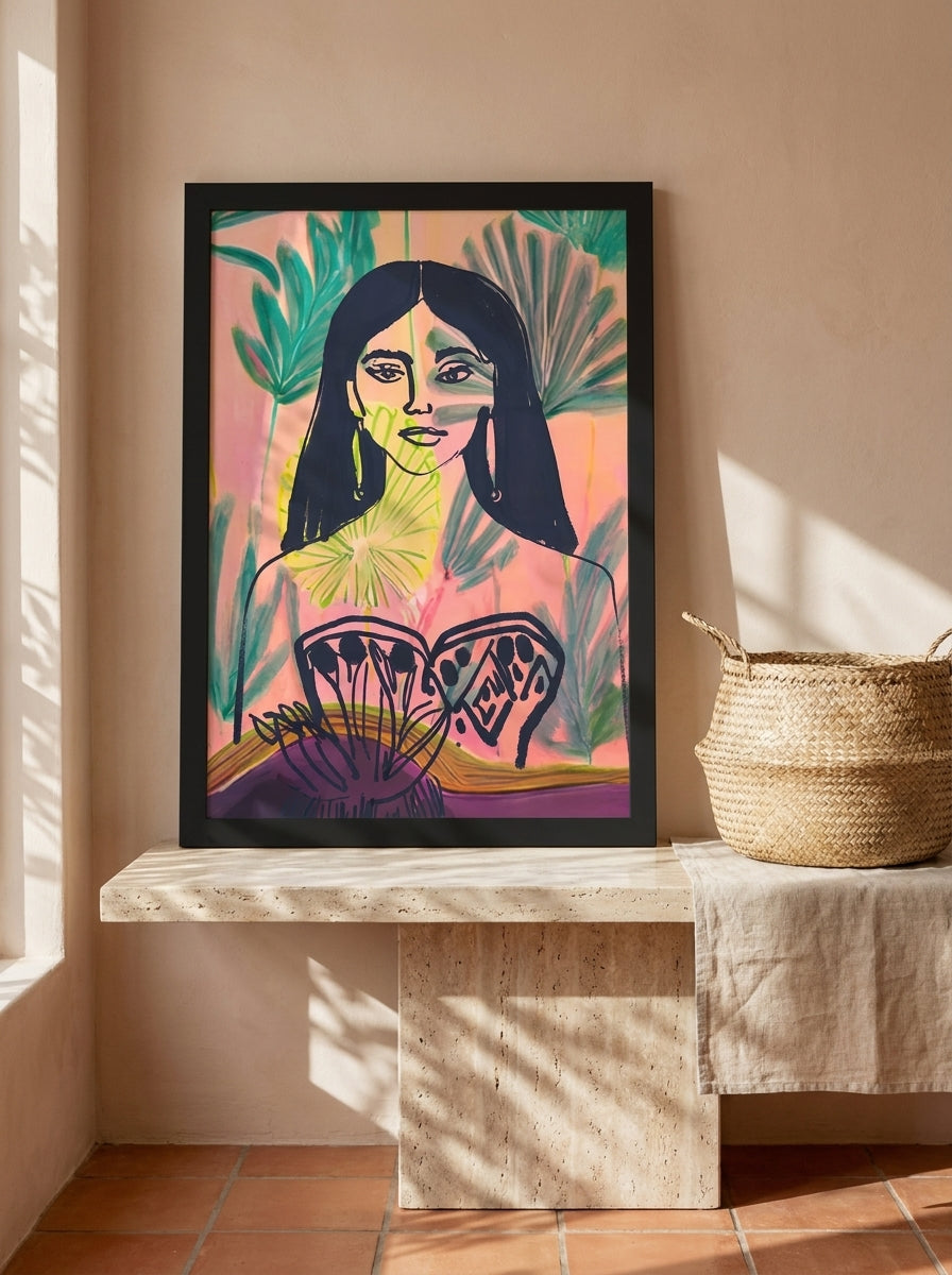 Modern wall art print standing on a console in a Mediterranean bedroom