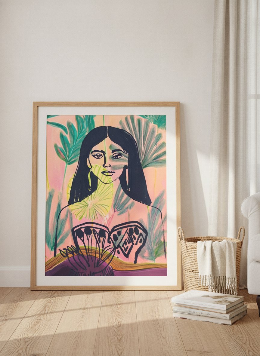 Modern wall art print leaning against the wall in a coastal home office