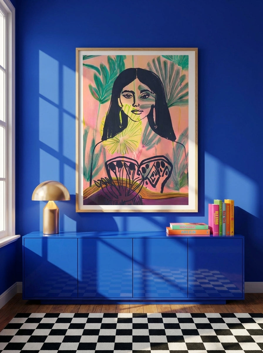 Modern wall art print styled on the wall in a colourful eclectic living room