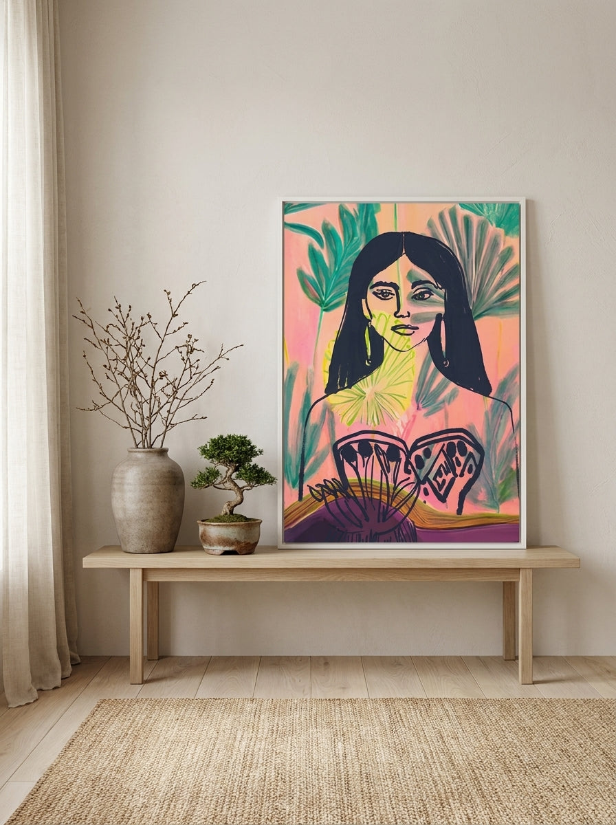 Canvas wall art with a white surround standing on a bench in a warm Japandi bedroom