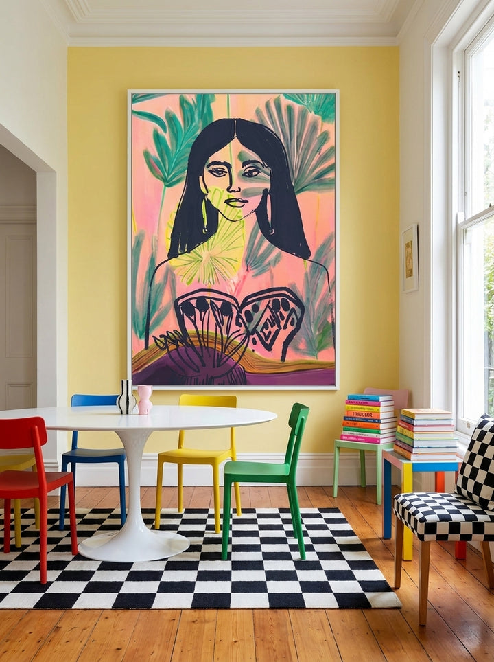 Oversized statement modern wall art print styled on the wall in a colourful eclectic dining room