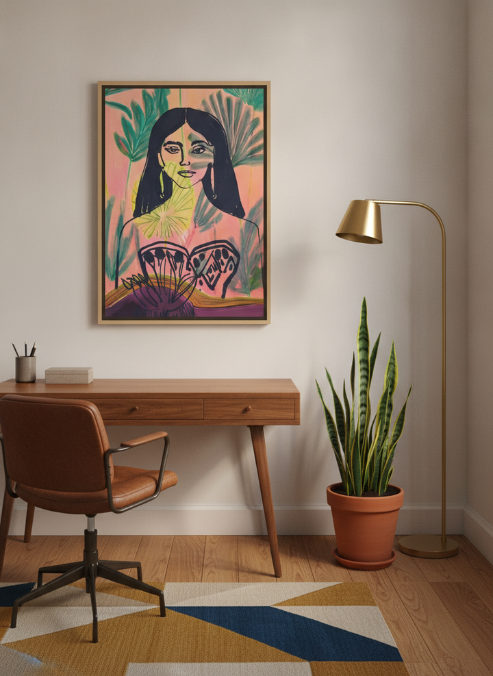 Canvas wall art with a natural timber surround styled on the wall in a mid-century home office