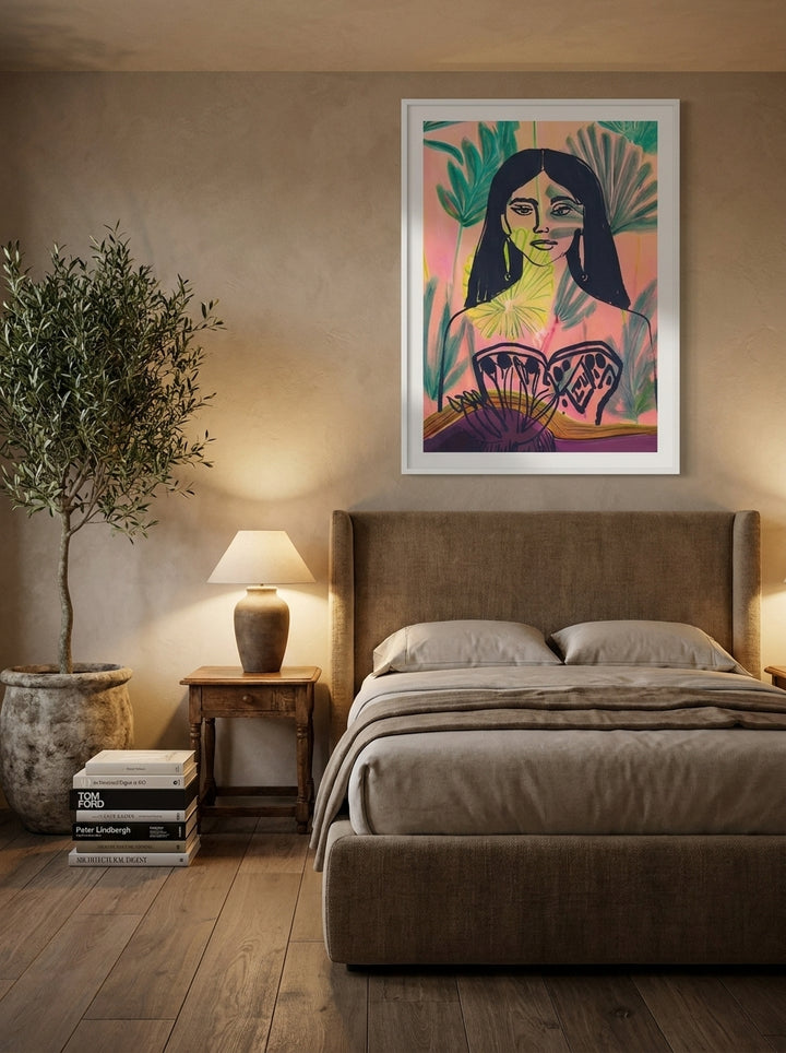 Modern wall art print styled on the wall in a luxe bedroom