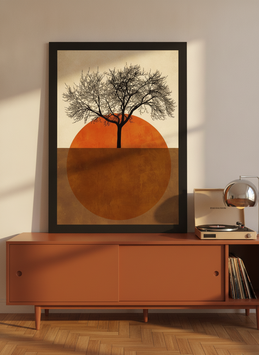 Modern wall art print standing on a sideboard in a retro 70s living room