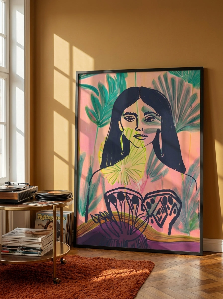 Oversized statement modern wall art print leaning against the wall in a retro 70s living room