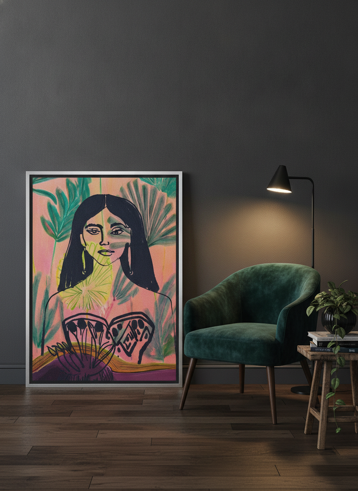 Canvas wall art with a silver leaf surround leaning against the wall in a moody home office